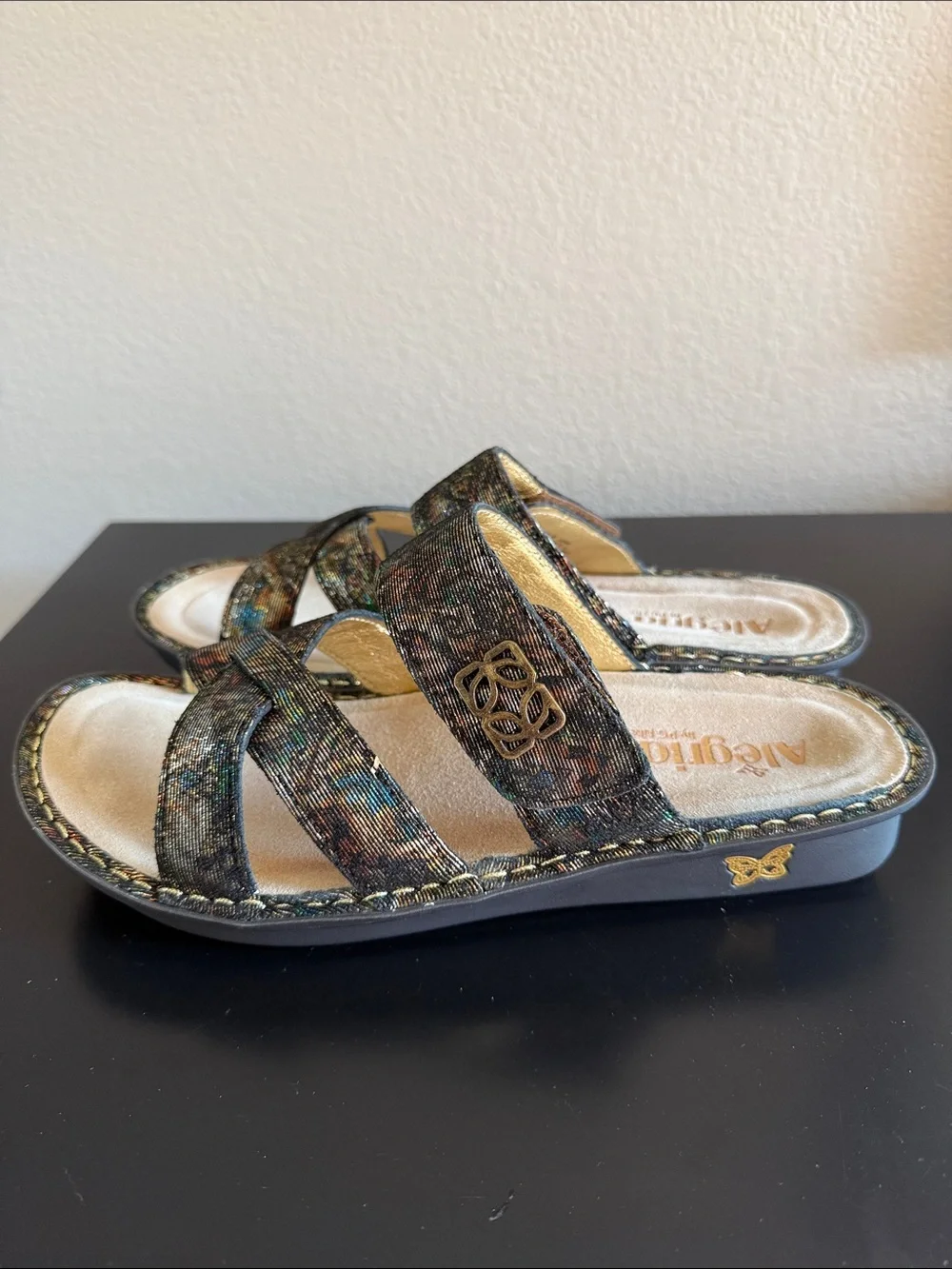 Alegria Women’s Metallic Multi-Color Cross-Strap Slide Sandals